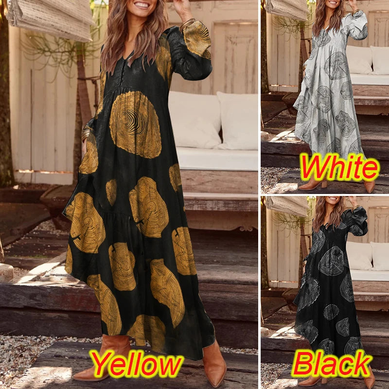 Maxi Sundress Elegant Casual V Neck Ruflle Vestido Female Long Sleeve Tunic Robe