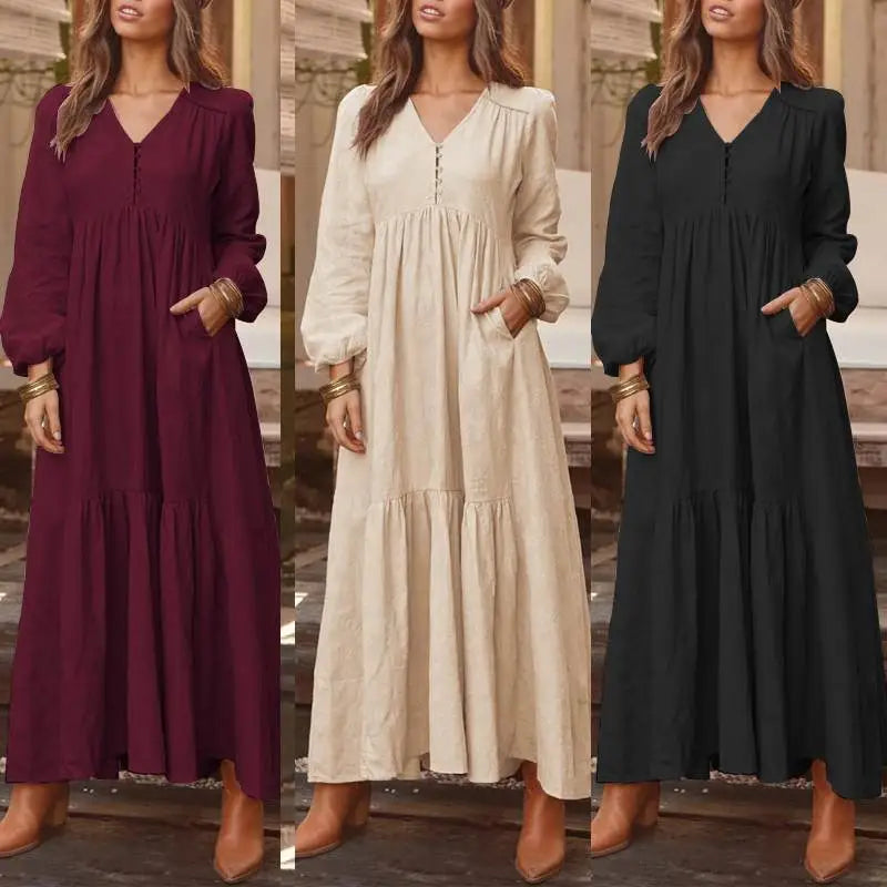 Maxi Sundress Elegant Casual V Neck Ruflle Vestido Female Long Sleeve Tunic Robe