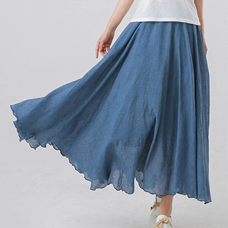 Maxi Skirt Womens Casual Elastic High Waist Pleated A-Line Beach Skirts High Quality Cotton