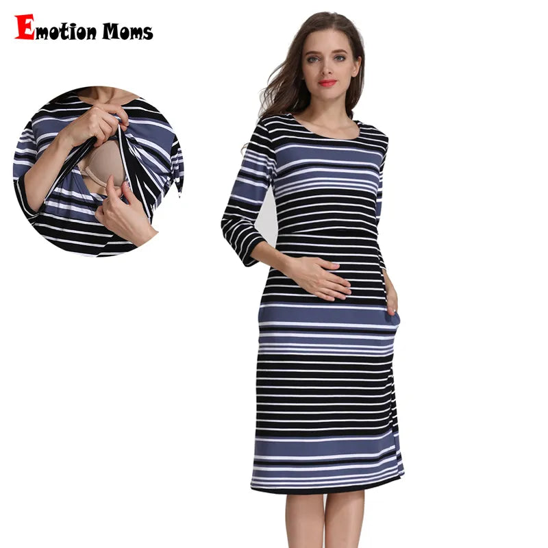 Cotton Striped Winter Summer Spring Skirt Pregnancy Dress for Pregnant Woman Maternity Breastfeeding Dress