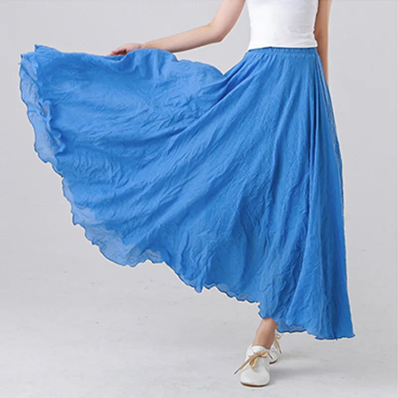 Maxi Skirt Womens Casual Elastic High Waist Pleated A-Line Beach Skirts High Quality Cotton