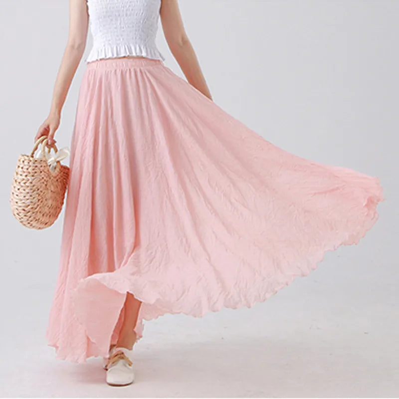 Maxi Skirt Womens Casual Elastic High Waist Pleated A-Line Beach Skirts High Quality Cotton