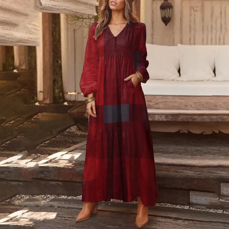 Maxi Sundress Elegant Casual V Neck Ruflle Vestido Female Long Sleeve Tunic Robe