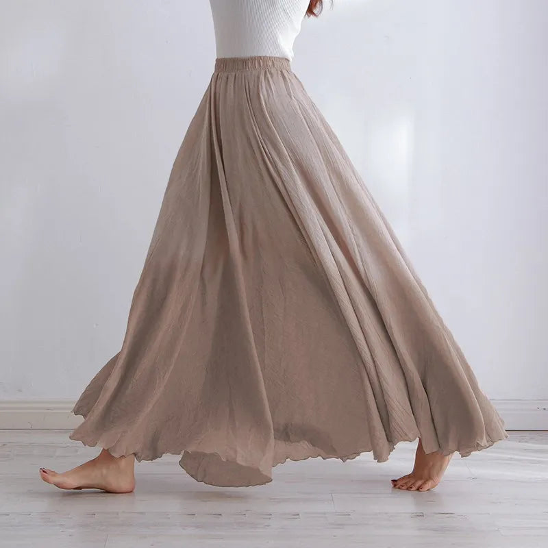 Maxi Skirt Womens Casual Elastic High Waist Pleated A-Line Beach Skirts High Quality Cotton