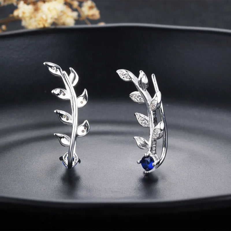 Royal Blue Ear Climber Earrings Zirconia Leaves Branch 925 Sterling Silver Stud Earrings