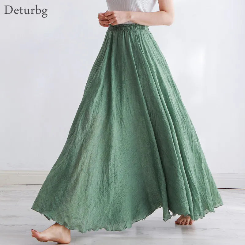 Maxi Skirt Womens Casual Elastic High Waist Pleated A-Line Beach Skirts High Quality Cotton