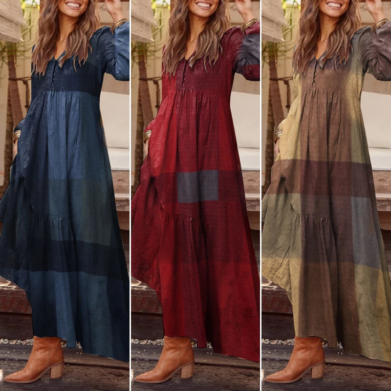 Maxi Sundress Elegant Casual V Neck Ruflle Vestido Female Long Sleeve Tunic Robe