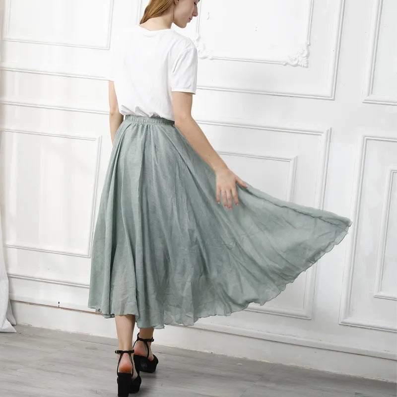 Maxi Skirt Womens Casual Elastic High Waist Pleated A-Line Beach Skirts High Quality Cotton