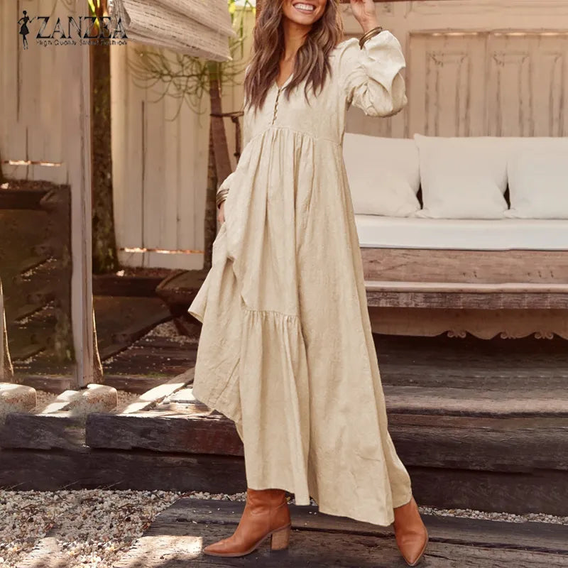 Maxi Sundress Elegant Casual V Neck Ruflle Vestido Female Long Sleeve Tunic Robe