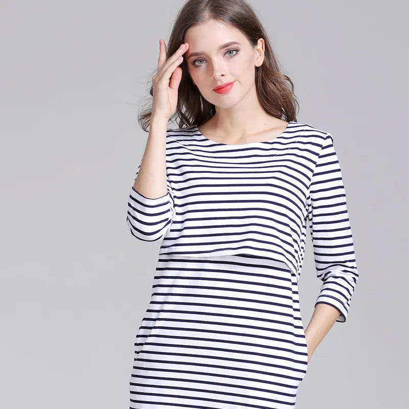 Cotton Striped Winter Summer Spring Skirt Pregnancy Dress for Pregnant Woman Maternity Breastfeeding Dress