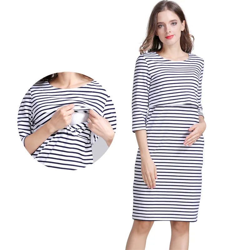 Cotton Striped Winter Summer Spring Skirt Pregnancy Dress for Pregnant Woman Maternity Breastfeeding Dress