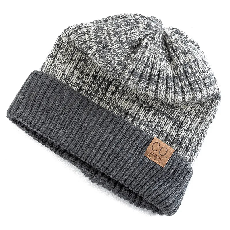 New Unisex Two-Tone Winter Hats Add Fur Lined Fashion Warm Beanie Cap Casual Winter Knitted Hats