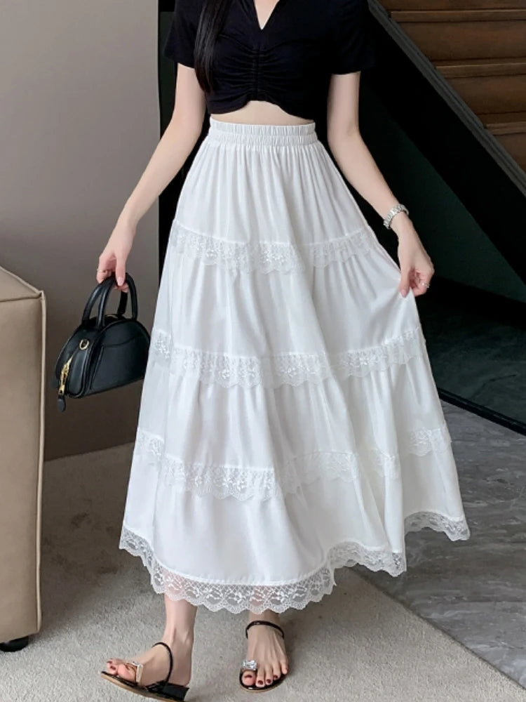 Midi Long Skirt White Mori Girl Style Sweet Crochet Lace High Waisted A-Line Pleated Skirts rok