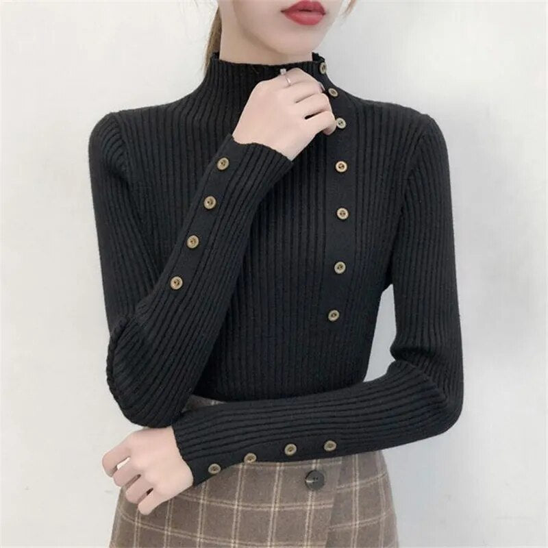 Knitted Slim Sweaters Cotton Soft Pullovers Button Full Sleeve Turtleneck