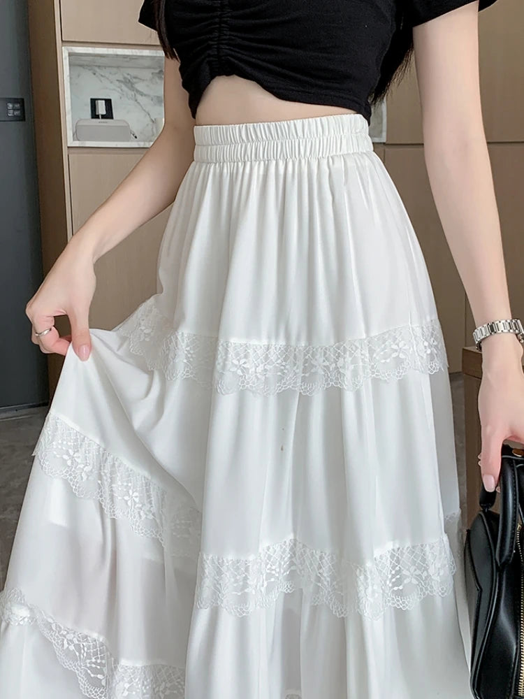 Midi Long Skirt White Mori Girl Style Sweet Crochet Lace High Waisted A-Line Pleated Skirts rok