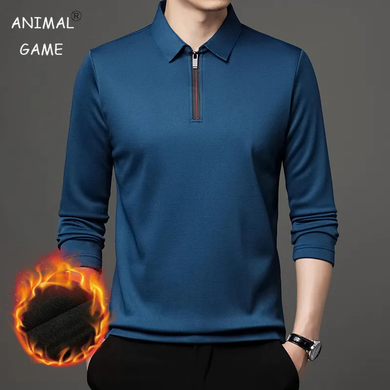 Polo Zipper Shirt Male Fashion Turn-Down Collar Long Sleeve Business Men Clothes