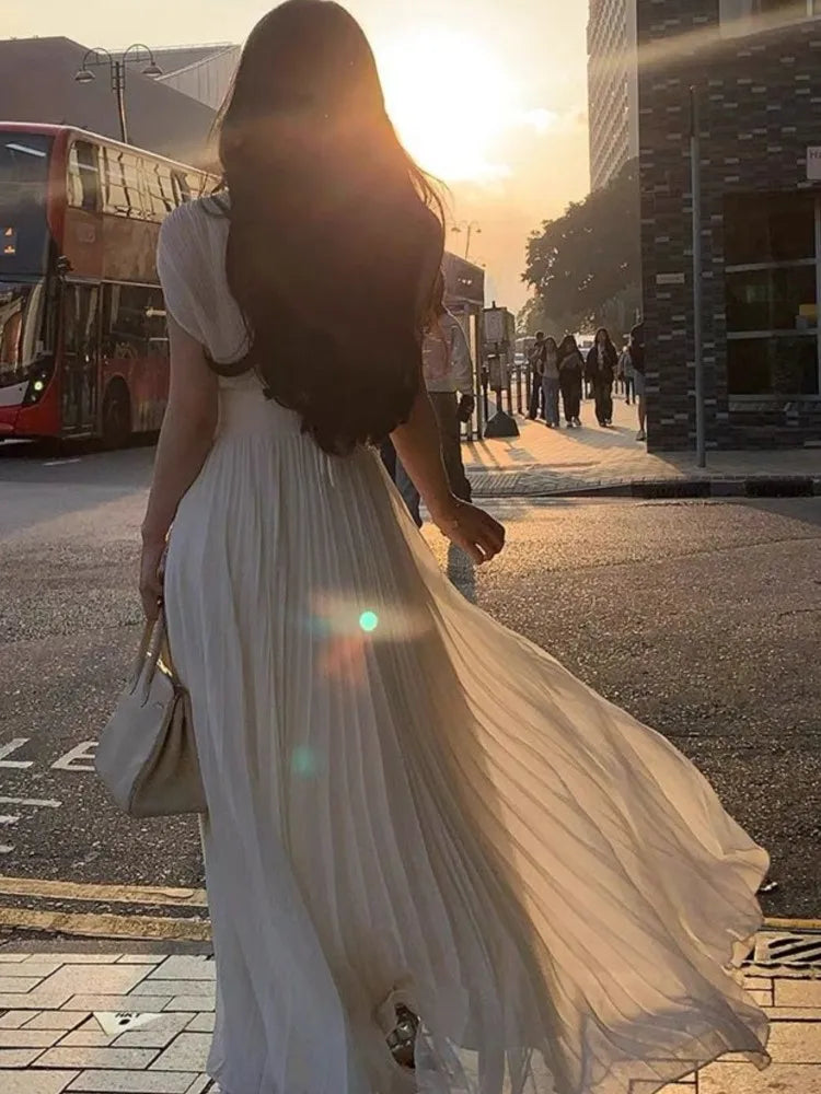 Summer Elegant Solid Pleats Long Dresses V Neck High Waist