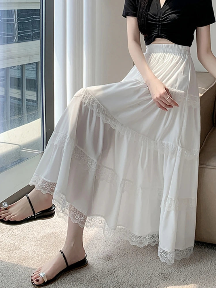 Midi Long Skirt White Mori Girl Style Sweet Crochet Lace High Waisted A-Line Pleated Skirts rok