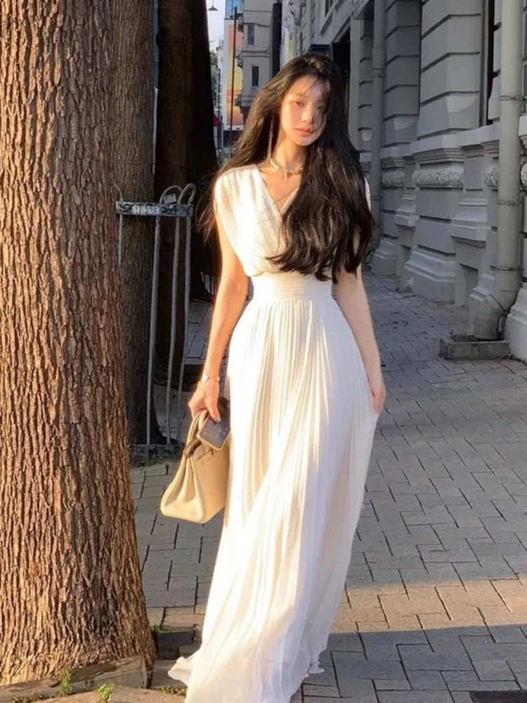 Summer Elegant Solid Pleats Long Dresses V Neck High Waist