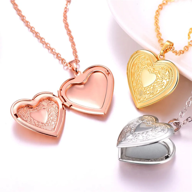 Love Heart Shape Openable Locket Necklace emboss rose Holder Jewelry