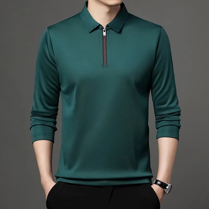 Polo Zipper Shirt Male Fashion Turn-Down Collar Long Sleeve Business Men Clothes