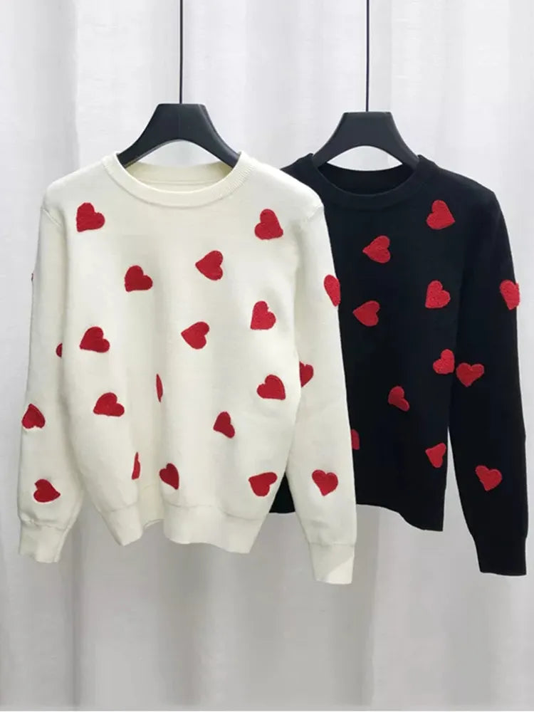 Women Heart Embroidery Knitted O Neck Pullovers Sweater