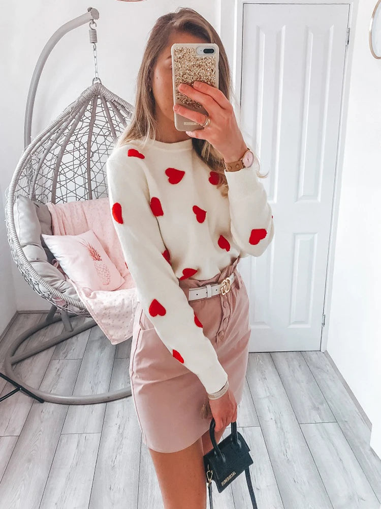 Women Heart Embroidery Knitted O Neck Pullovers Sweater