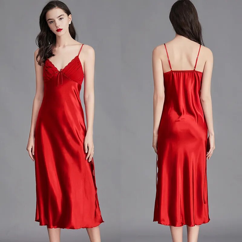 Long Sleeveless Night Gowns Satin Silk Chemise Lingerie Slip Dress Nightwear Sleep