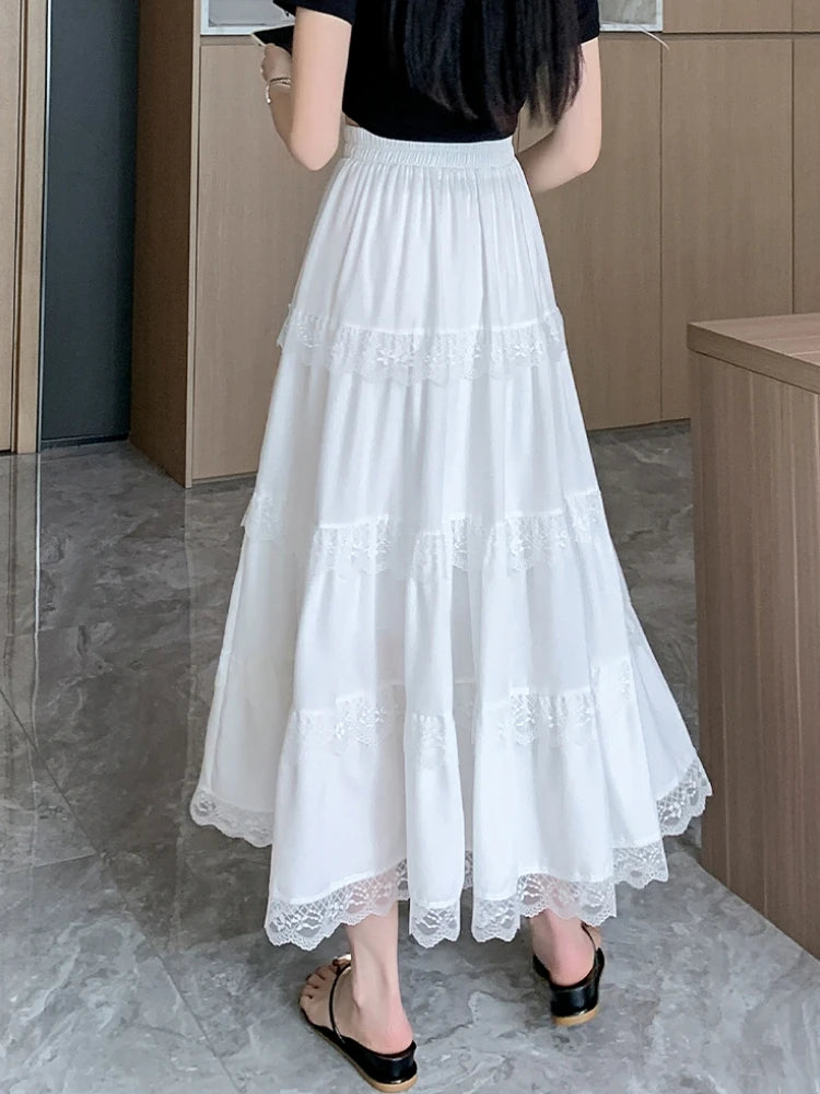 Midi Long Skirt White Mori Girl Style Sweet Crochet Lace High Waisted A-Line Pleated Skirts rok