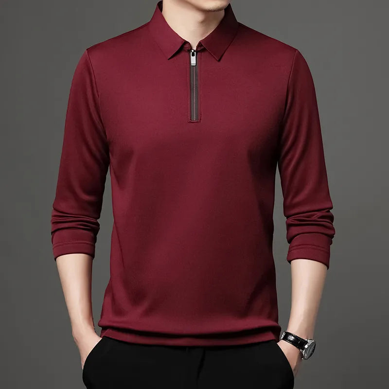 Polo Zipper Shirt Male Fashion Turn-Down Collar Long Sleeve Business Men Clothes