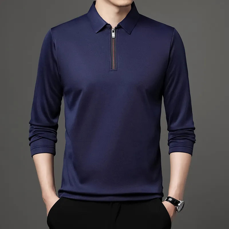 Polo Zipper Shirt Male Fashion Turn-Down Collar Long Sleeve Business Men Clothes