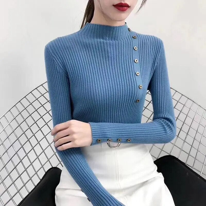 Knitted Slim Sweaters Cotton Soft Pullovers Button Full Sleeve Turtleneck