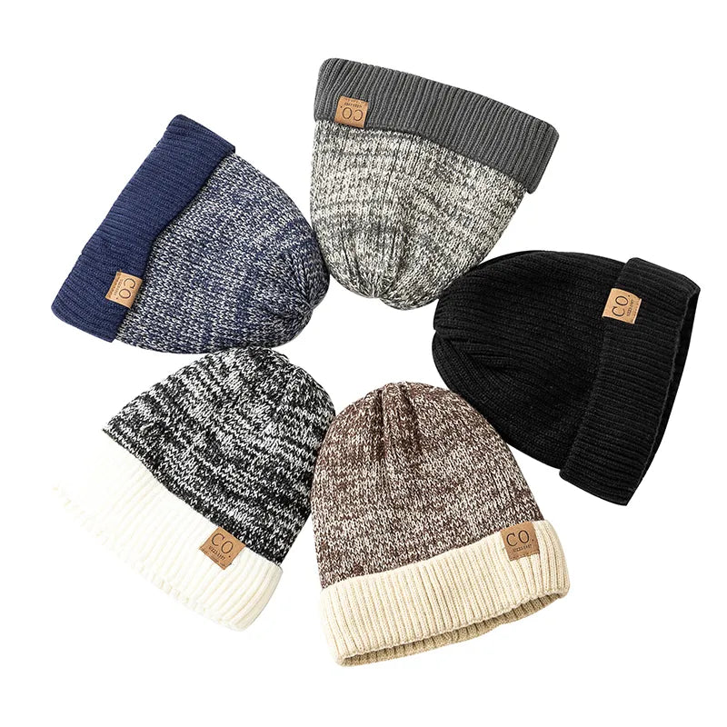 New Unisex Two-Tone Winter Hats Add Fur Lined Fashion Warm Beanie Cap Casual Winter Knitted Hats