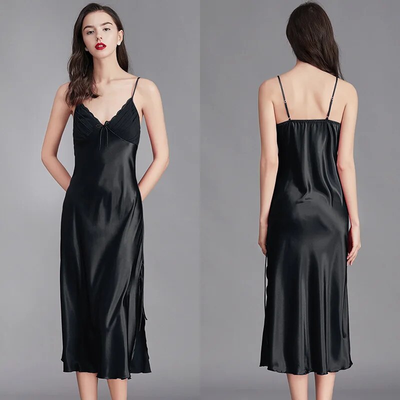 Long Sleeveless Night Gowns Satin Silk Chemise Lingerie Slip Dress Nightwear Sleep