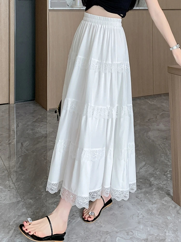 Midi Long Skirt White Mori Girl Style Sweet Crochet Lace High Waisted A-Line Pleated Skirts rok