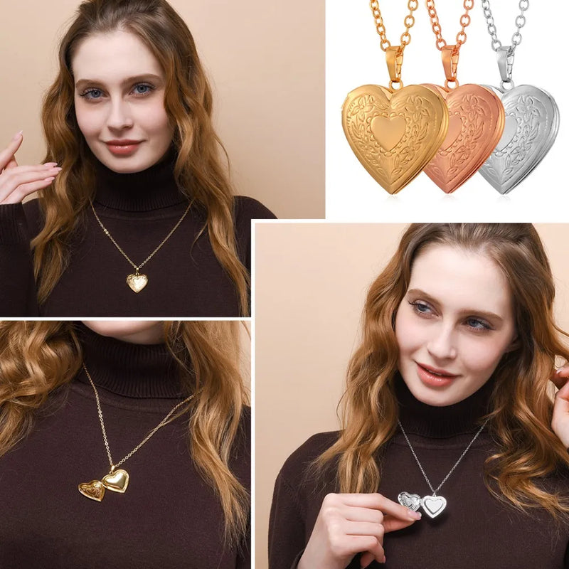 Love Heart Shape Openable Locket Necklace emboss rose Holder Jewelry