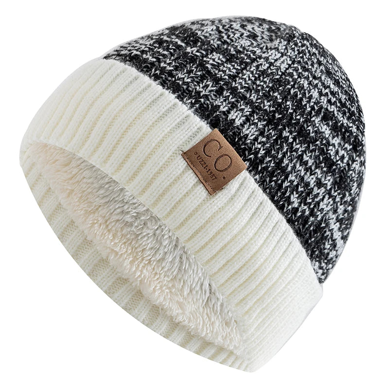 New Unisex Two-Tone Winter Hats Add Fur Lined Fashion Warm Beanie Cap Casual Winter Knitted Hats