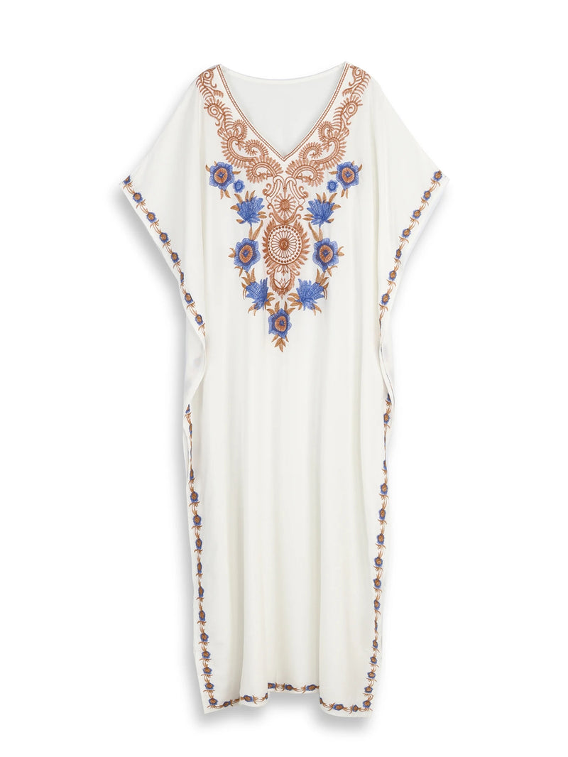 White Vintage Embroidered Long Kaftan V-neck Maxi Dress Beach Wear Swim Suit