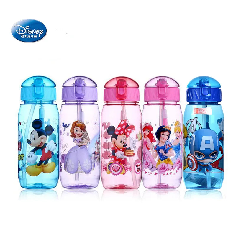 Water Bottles Disney Mickey Mouse Minnie With Cup Straw Kids Sport 450ml