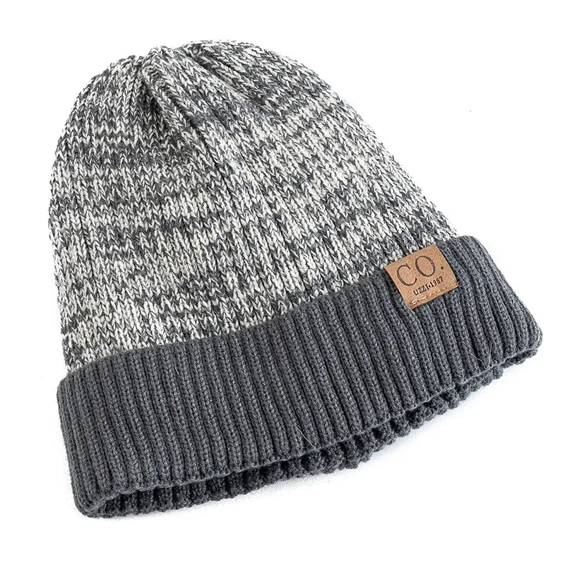 New Unisex Two-Tone Winter Hats Add Fur Lined Fashion Warm Beanie Cap Casual Winter Knitted Hats