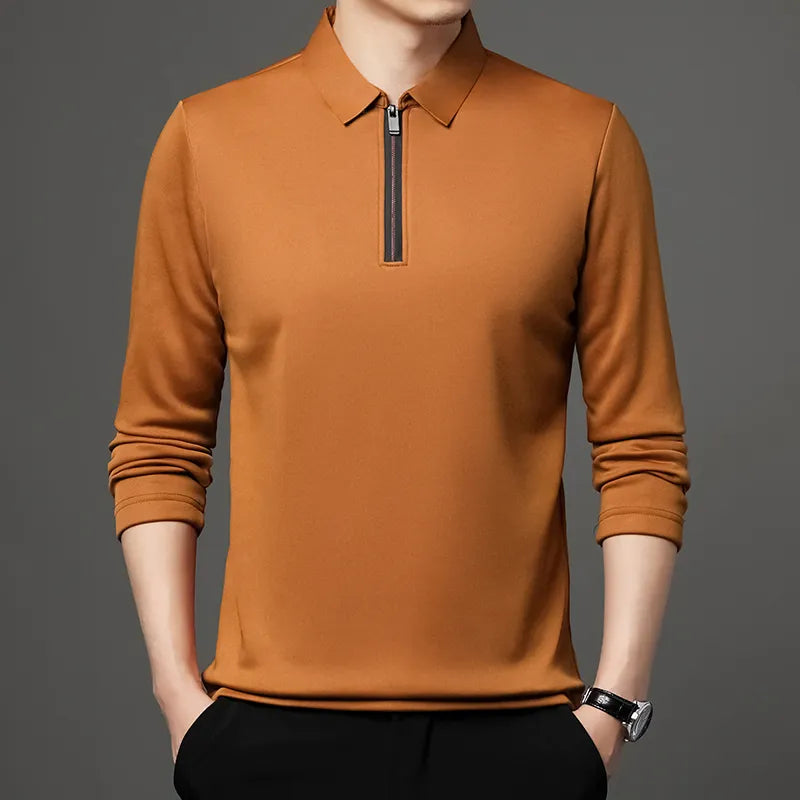 Polo Zipper Shirt Male Fashion Turn-Down Collar Long Sleeve Business Men Clothes