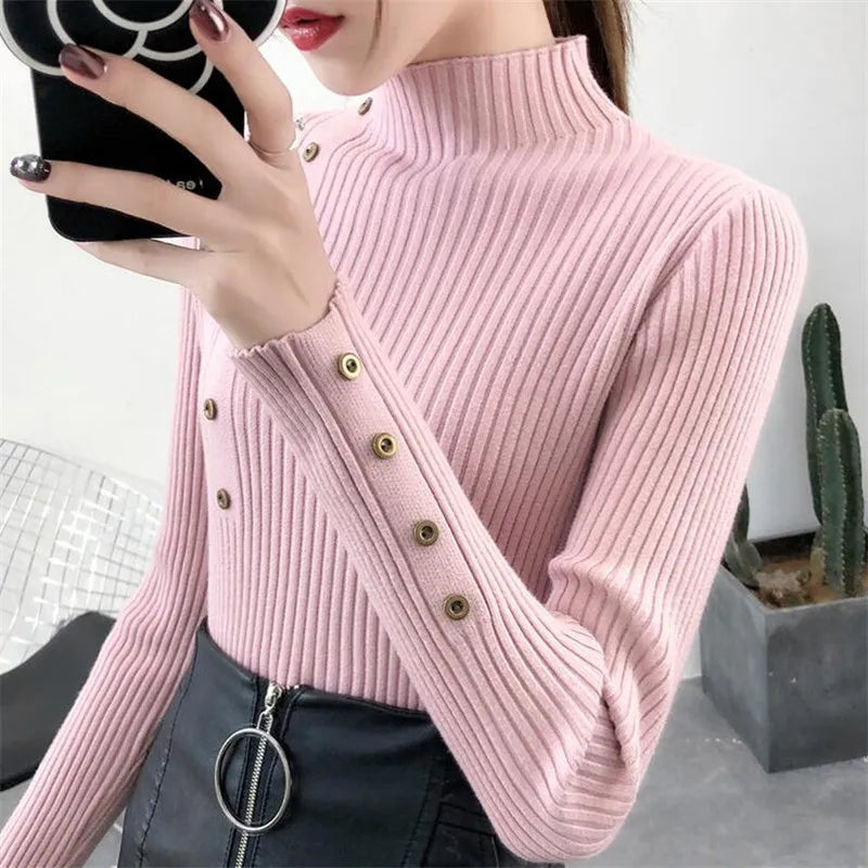 Knitted Slim Sweaters Cotton Soft Pullovers Button Full Sleeve Turtleneck