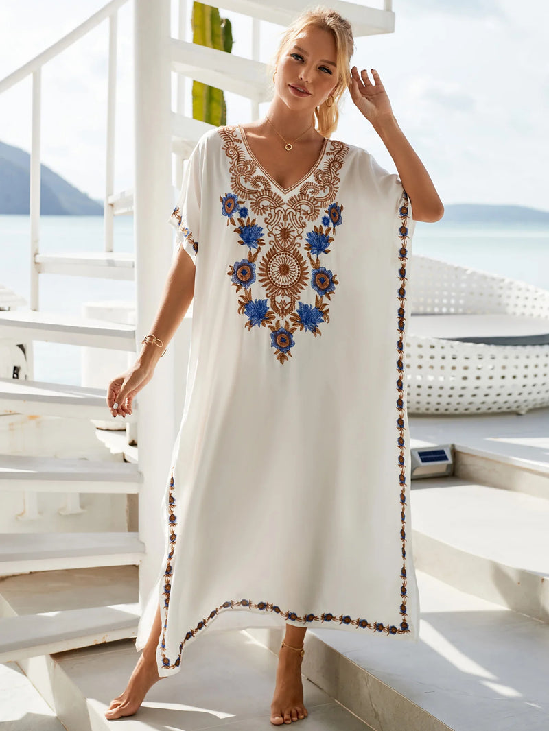 White Vintage Embroidered Long Kaftan V-neck Maxi Dress Beach Wear Swim Suit