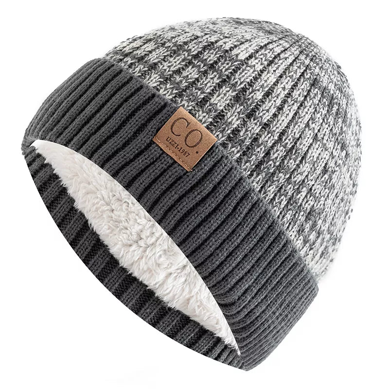 New Unisex Two-Tone Winter Hats Add Fur Lined Fashion Warm Beanie Cap Casual Winter Knitted Hats