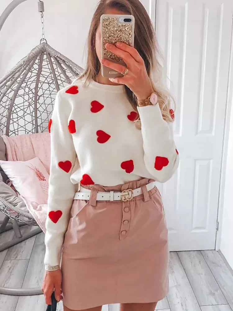 Women Heart Embroidery Knitted O Neck Pullovers Sweater