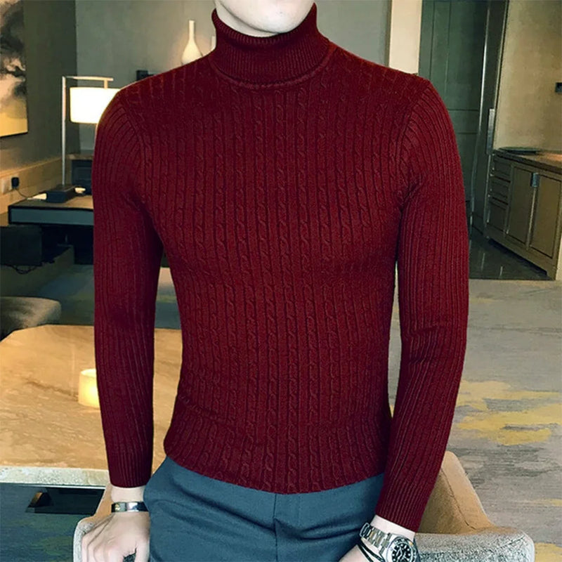 Turtleneck Pullovers Warm Solid Color Men's Slim Knitted Sweaters