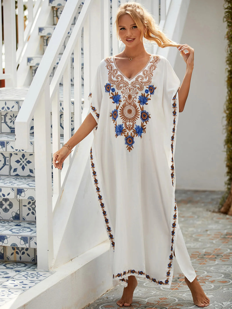 White Vintage Embroidered Long Kaftan V-neck Maxi Dress Beach Wear Swim Suit