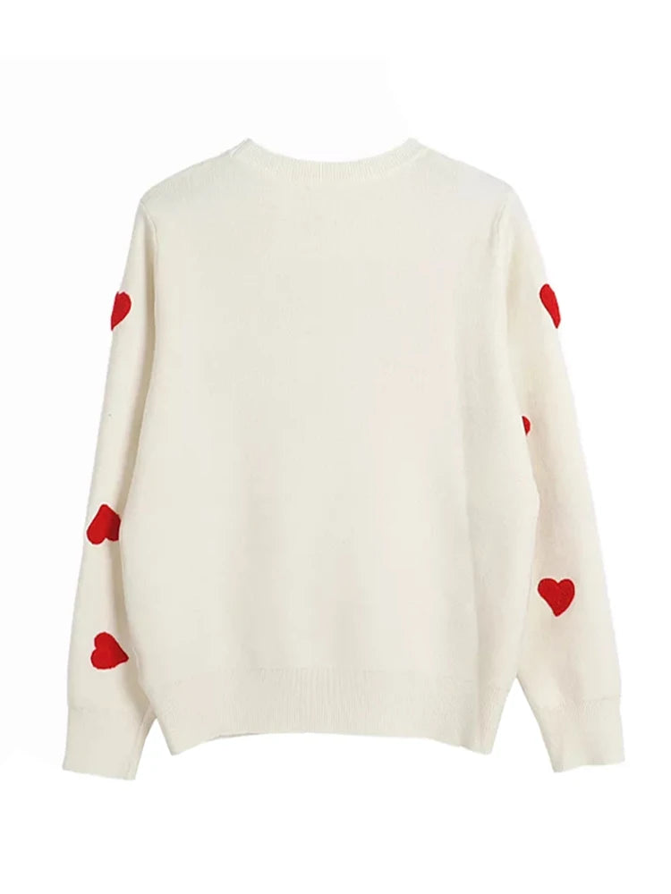 Women Heart Embroidery Knitted O Neck Pullovers Sweater