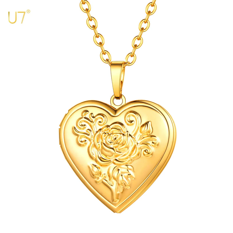 Love Heart Shape Openable Locket Necklace emboss rose Holder Jewelry