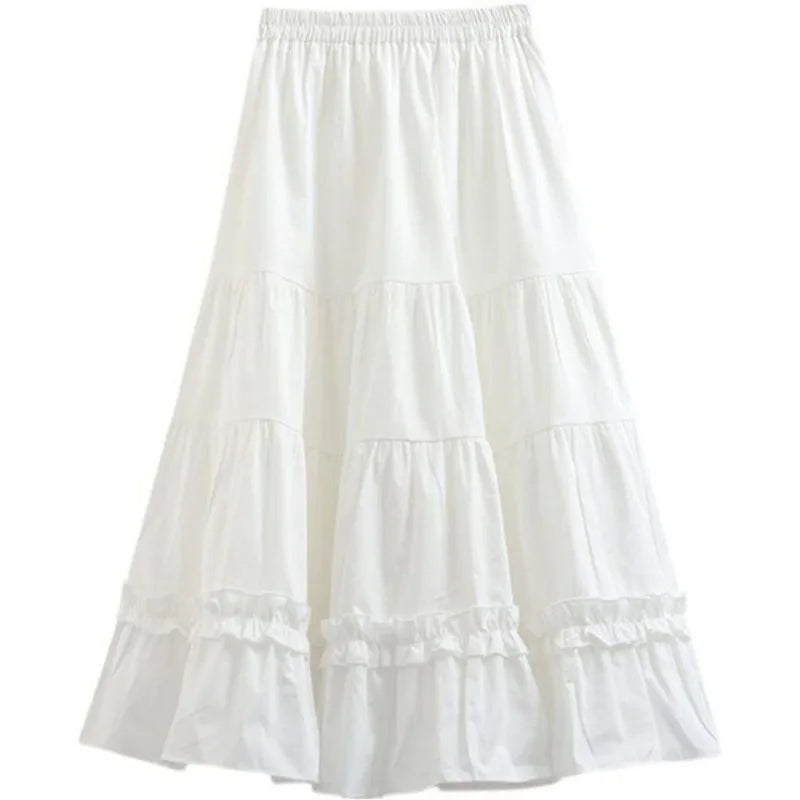 Summer Skirt Mid Length Women Fluffy Long Skirts White & Black A-line